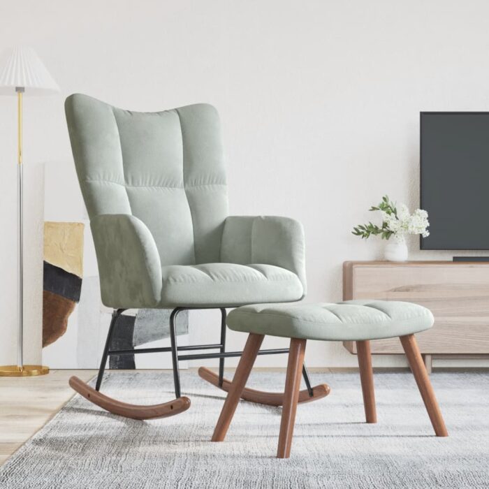 Chaise à bascule avec repose-pied Gris clair Velours – Image 1