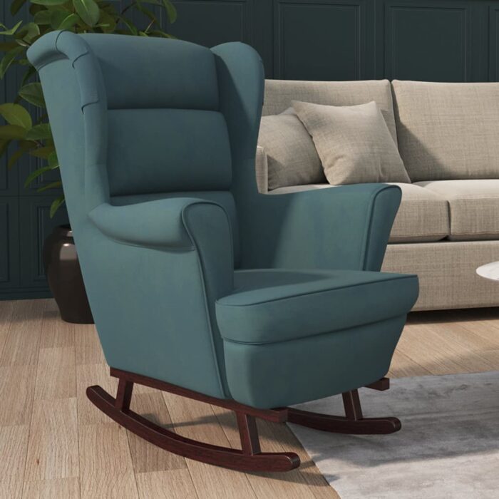 Fauteuil à bascule et pieds en bois massif d'hévéa Bleu Velours – Image 1