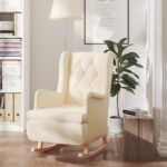 Fauteuil et pieds à bascule en bois d'hévéa solide crème Tissu