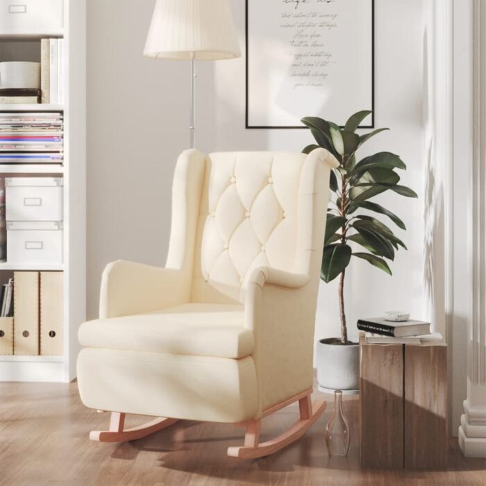 Fauteuil et pieds à bascule en bois d'hévéa solide crème Tissu – Image 1