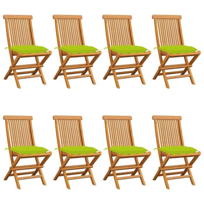 Chaises de jardin avec coussins vert vif lot de 8 Teck massif – Image 1
