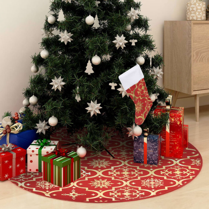 Jupe de sapin de Noël de luxe avec chaussette Rouge 122cm Tissu – Image 1