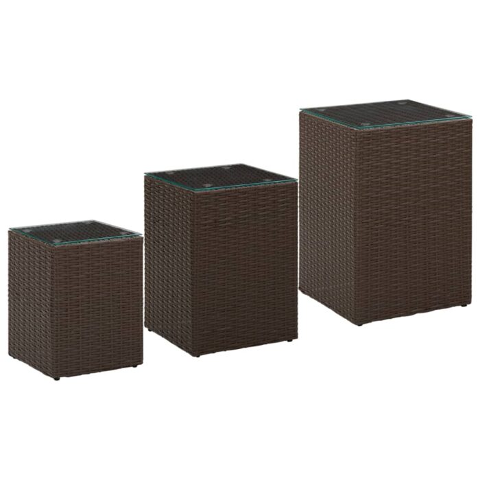 Tables d'appoint 3 pcs et dessus en verre Marron Résine tressée – Image 1
