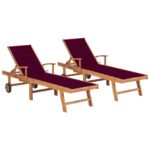 Chaises longues 2 pcs avec coussin rouge bordeaux Teck solide