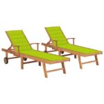 Chaises longues lot de 2 et coussin vert vif Bois teck solide