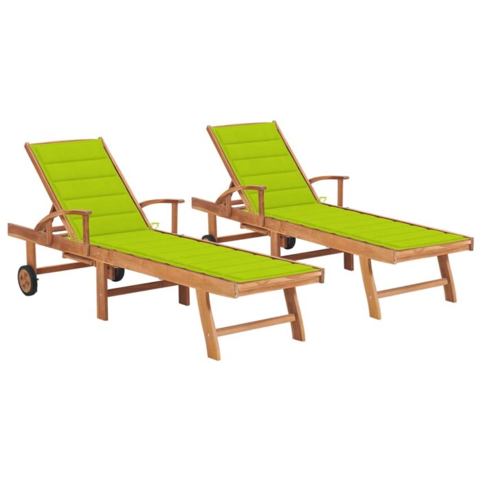Chaises longues lot de 2 et coussin vert vif Bois teck solide – Image 1