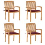 Chaises de jardin empilables avec coussins lot de 4 Teck solide