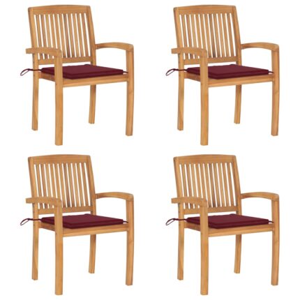 Chaises de jardin empilables avec coussins lot de 4 Teck solide
