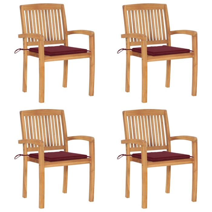 Chaises de jardin empilables avec coussins lot de 4 Teck solide – Image 1