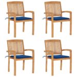 Chaises de jardin empilables avec coussins lot de 4 Teck solide