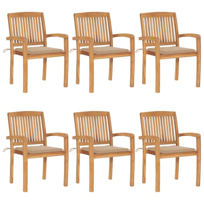 Chaises de jardin empilables avec coussins lot de 6 Teck solide – Image 1