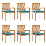 Chaises de jardin empilables avec coussins lot de 6 Teck solide