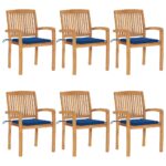 Chaises de jardin empilables avec coussins lot de 6 Teck solide