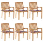 Chaises de jardin empilables avec coussins lot de 6 Teck solide