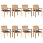 Chaises de jardin empilables avec coussins lot de 8 Teck solide
