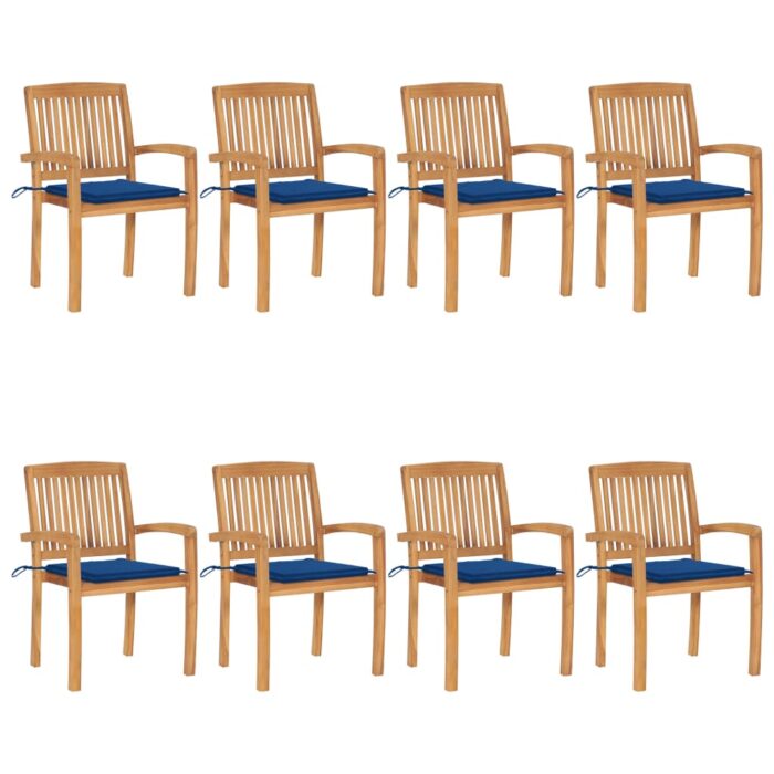 Chaises de jardin empilables avec coussins lot de 8 Teck solide – Image 1