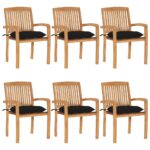 Chaises de jardin empilables avec coussins lot de 6 Teck solide