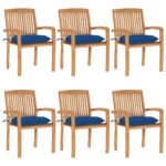 Chaises de jardin empilables avec coussins lot de 6 Teck solide