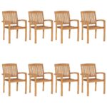 Chaises de jardin empilables avec coussins lot de 8 Teck solide – Image 2