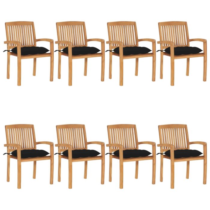 Chaises de jardin empilables avec coussins lot de 8 Teck solide – Image 1