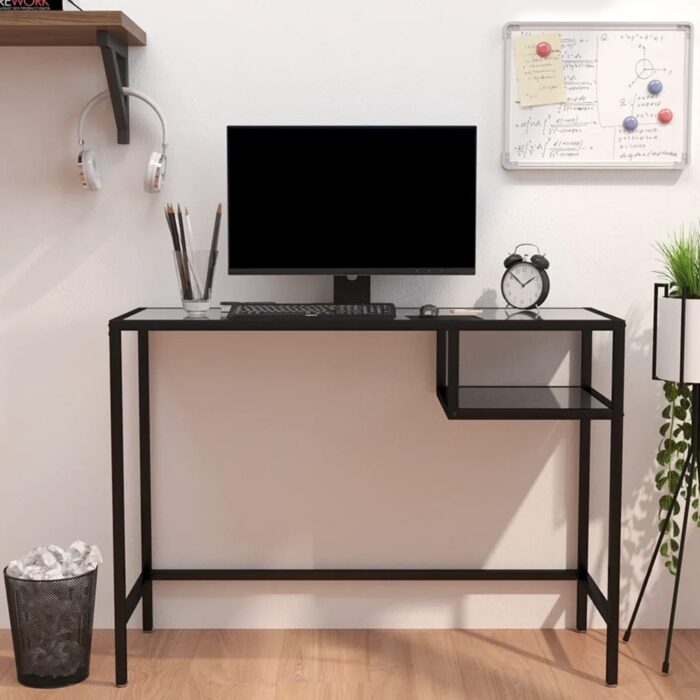 Bureau d'ordinateur Marbre noir 100x36x74 cm Verre trempé – Image 1