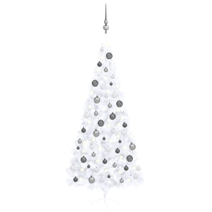 Demi-arbre de Noël artificiel pré-éclairé et boules blanc 240cm – Image 1
