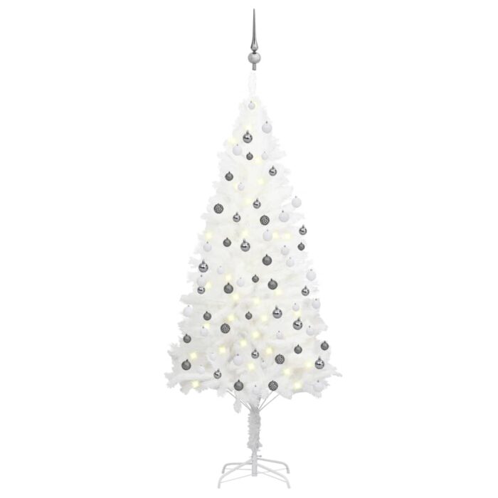 Arbre de Noël artificiel pré-éclairé et boules blanc 180 cm – Image 1