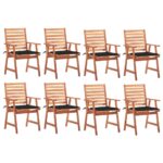 Chaises à manger d'extérieur lot de 8 et coussins Acacia massif