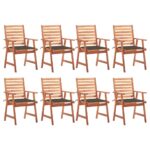 Chaises à manger d'extérieur lot de 8 et coussins Acacia massif