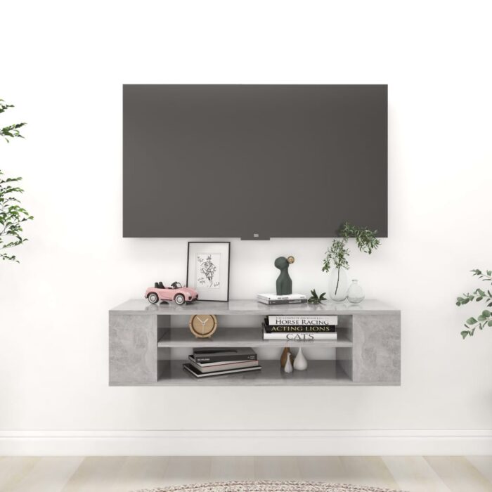Meuble TV suspendu Gris béton 100x30x26,5 cm Bois d’ingénierie – Image 1