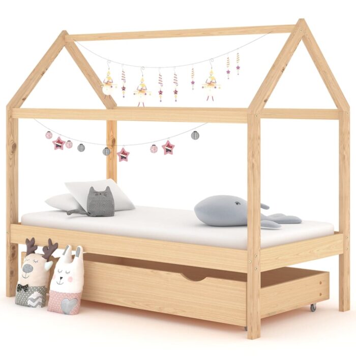 Cadre de lit pour enfant et un tiroir bois pin massif 80x160 cm – Image 1
