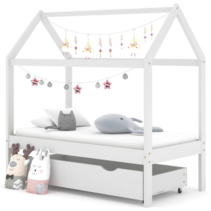 Cadre de lit d'enfant avec un tiroir Blanc Pin massif 70x140 cm – Image 1