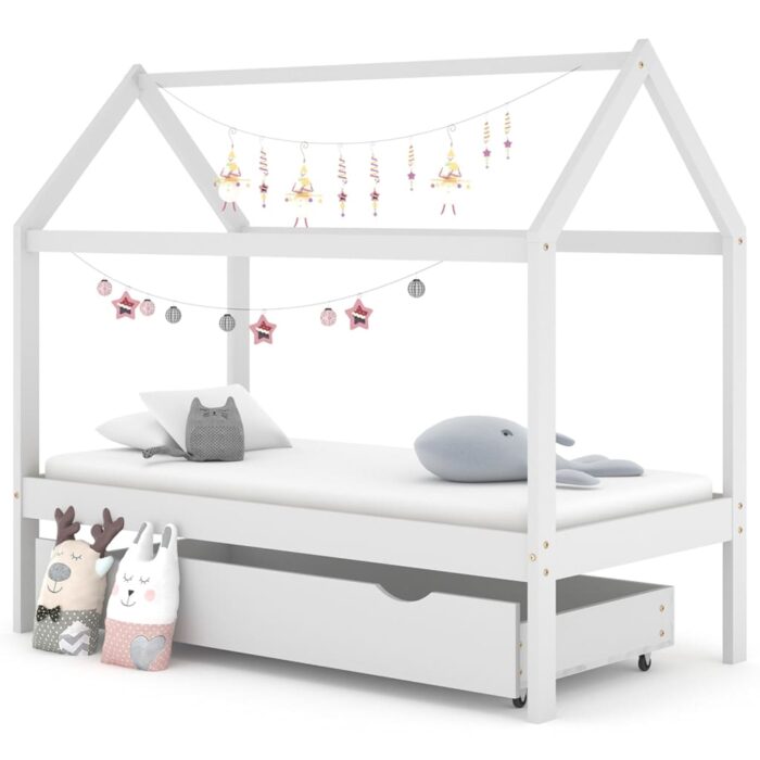 Cadre de lit enfant avec tiroir blanc bois pin massif 80x160 cm – Image 1