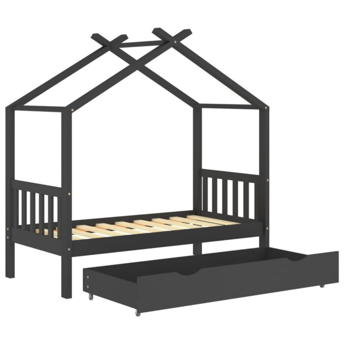 Cadre de lit enfant avec tiroir gris foncé pin massif 80x160 cm – Image 3
