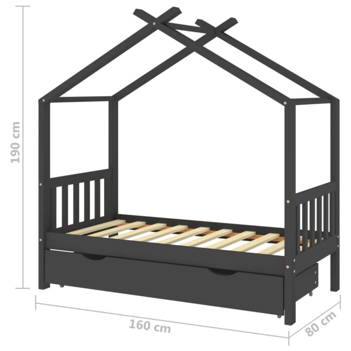 Cadre de lit enfant avec tiroir gris foncé pin massif 80x160 cm – Image 5