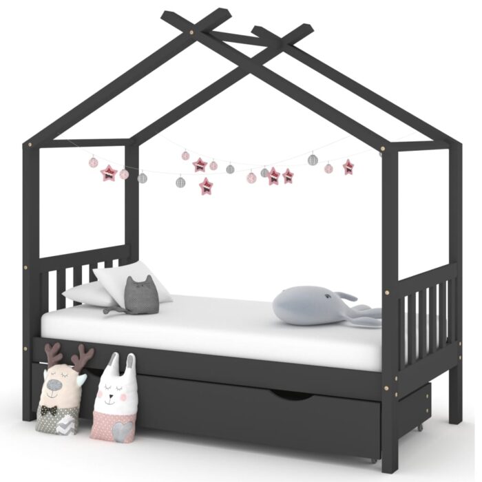 Cadre de lit enfant avec tiroir gris foncé pin massif 80x160 cm – Image 1
