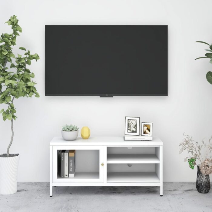 Meuble TV Blanc 90x30x44 cm Acier et verre – Image 1