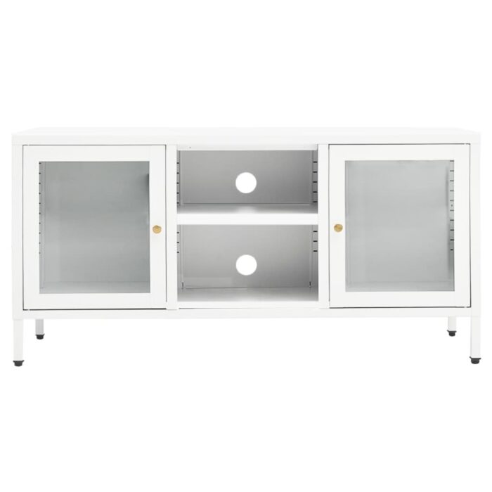 Meuble TV Blanc 105x35x52 cm Acier et verre – Image 3