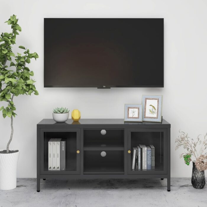 Meuble TV Anthracite 105x35x52 cm Acier et verre – Image 1