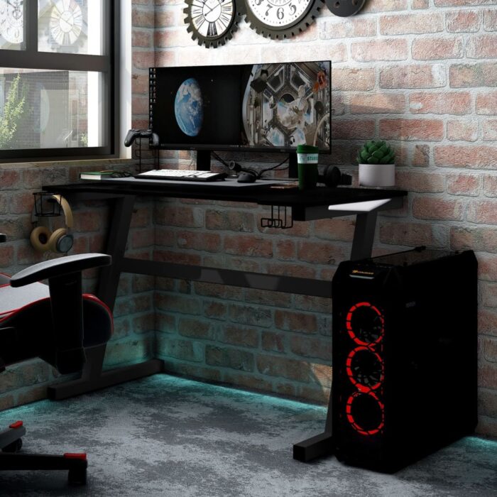 Bureau de jeu à LED avec pieds en forme de Z Noir 90x60x75 cm – Image 1
