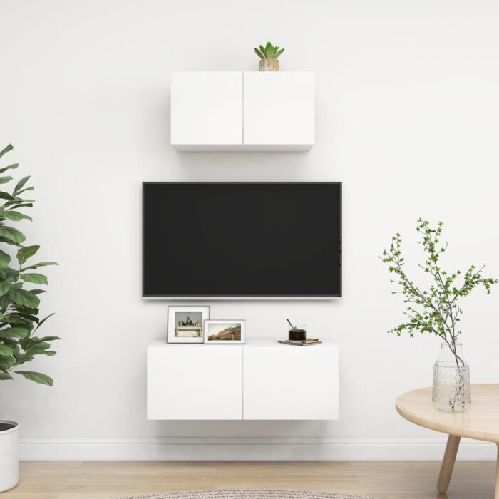 Ensemble de meuble TV 2 pcs Blanc Bois d'ingénierie – Image 1