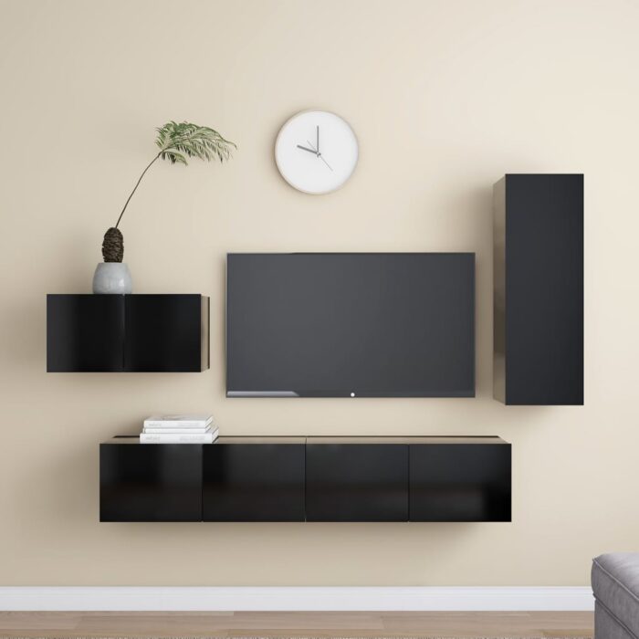 Ensemble de meuble TV 4 pcs Noir Bois d'ingénierie – Image 1