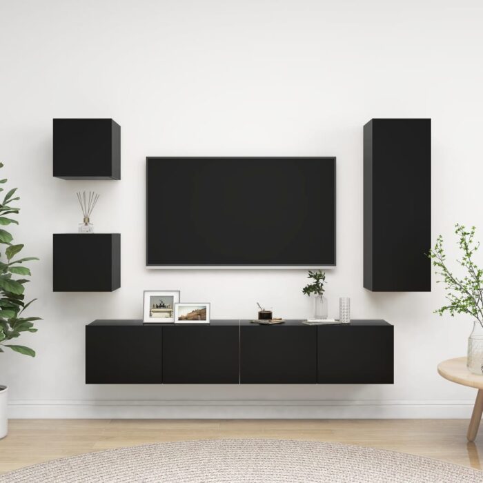 Ensemble de meuble TV 5 pcs Noir Bois d'ingénierie – Image 1