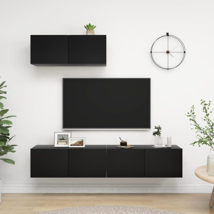 Meubles TV 3 pcs Noir Bois d'ingénierie – Image 1
