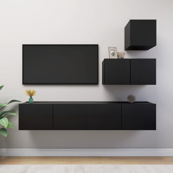 Ensemble de meuble TV 4 pcs Noir Bois d'ingénierie – Image 1