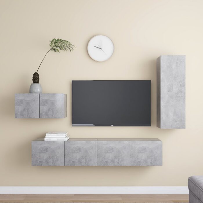 Ensemble de meuble TV 4 pcs Gris béton Bois d'ingénierie – Image 1