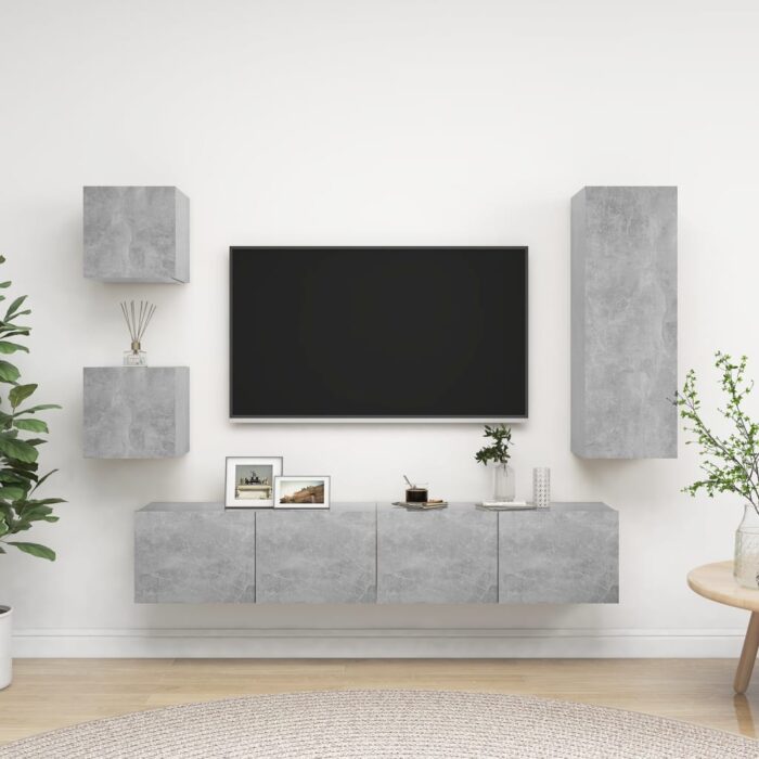Ensemble de meuble TV 5 pcs Gris béton Bois d'ingénierie – Image 1