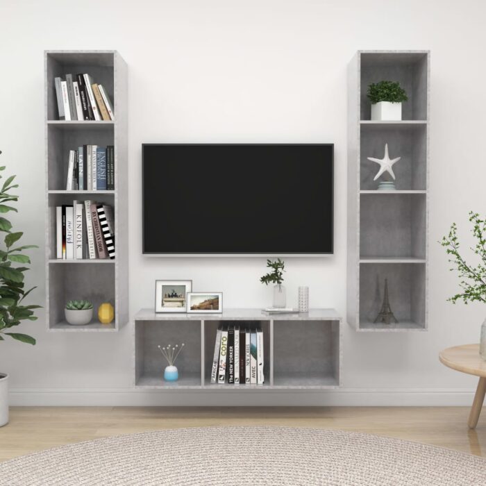 Ensemble de meuble TV 3 pcs Gris béton Bois d'ingénierie – Image 1