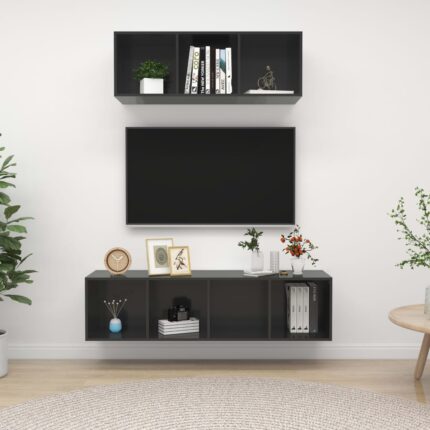 Ensemble de meuble TV 2 pcs Gris brillant Bois d'ingénierie