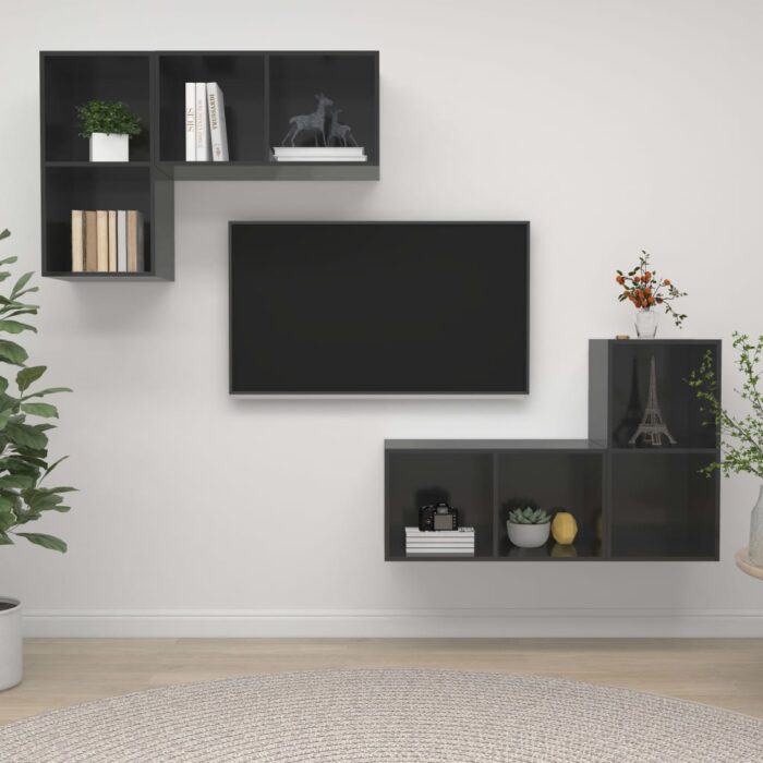 Meubles TV muraux 4 pcs Gris brillant Bois d'ingénierie – Image 1